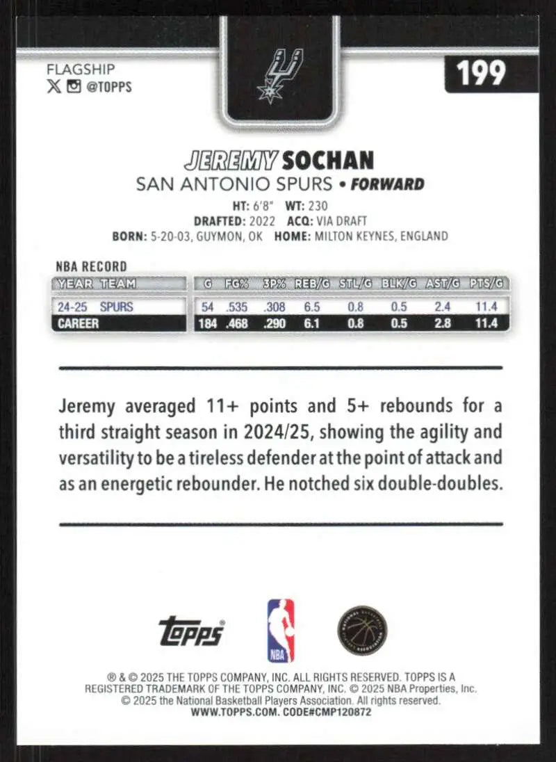 2025-26 Topps #199 Jeremy Sochan NM-MT San Antonio Spurs Basketball Card - Basketball Card Single