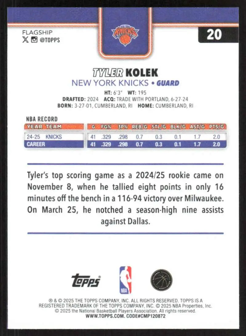 2025-26 Topps #20 Tyler Kolek NM-MT New York Knicks Basketball Card - Basketball Card Single
