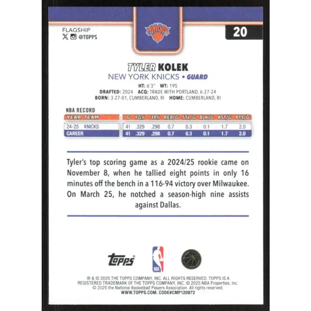 2025-26 Topps #20 Tyler Kolek NM-MT New York Knicks Basketball Card - Basketball Card Single