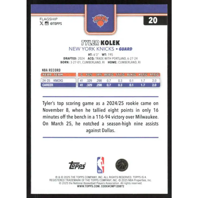 2025-26 Topps #20 Tyler Kolek NM-MT New York Knicks Basketball Card - Basketball Card Single