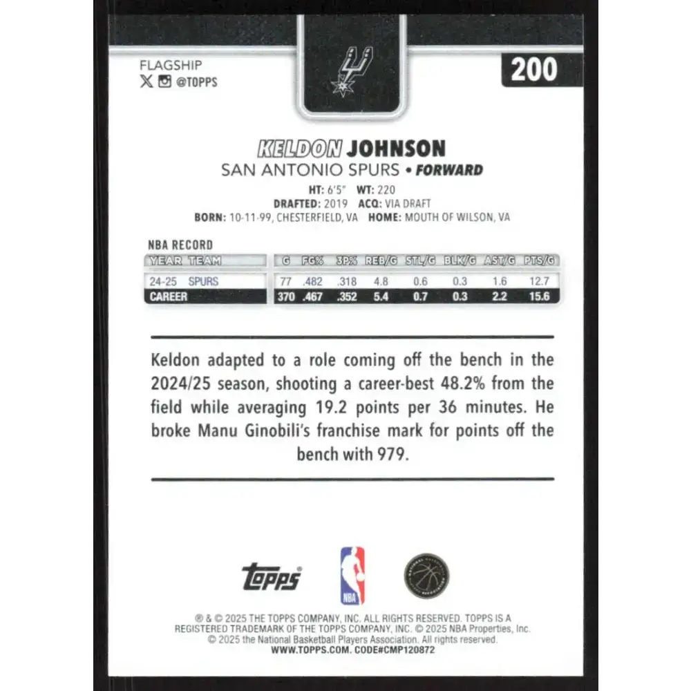 2025-26 Topps #200 Keldon Johnson NM-MT San Antonio Spurs Basketball Card - Basketball Card Single