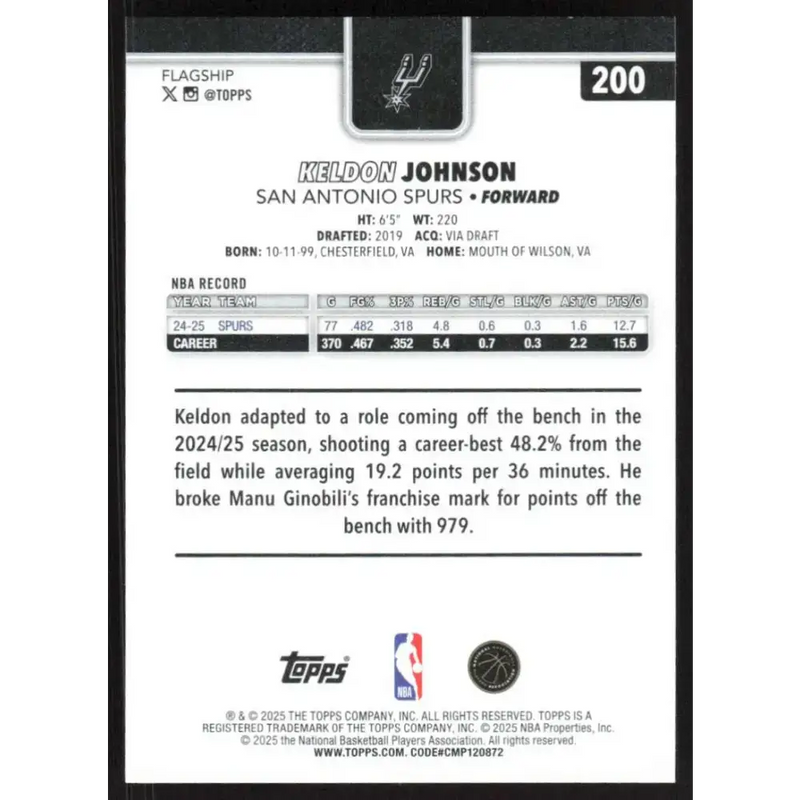 2025-26 Topps #200 Keldon Johnson NM-MT San Antonio Spurs Basketball Card - Basketball Card Single