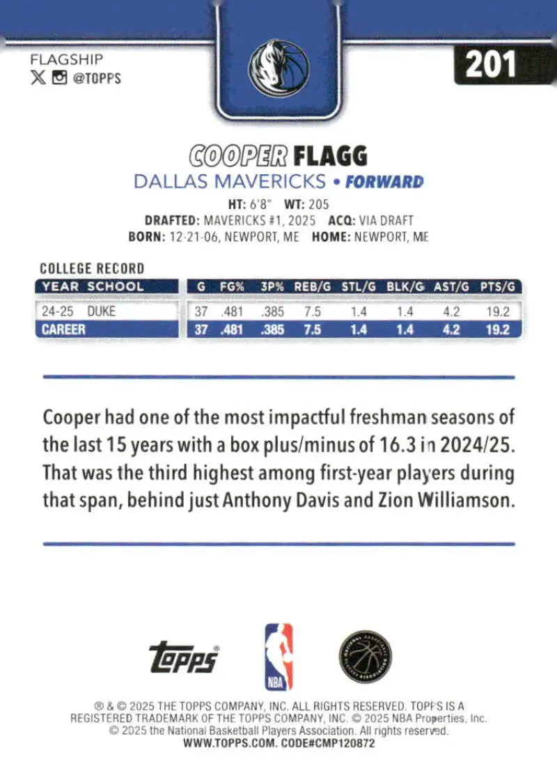 2025-26 Topps #201 Cooper Flagg NM-MT RC Rookie Dallas Mavericks Basketball Card - Basketball Card Single