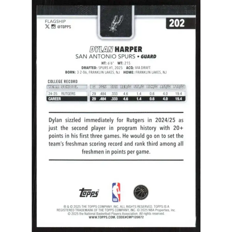 2025-26 Topps #202 Dylan Harper NM-MT RC Rookie San Antonio Spurs Basketball Card