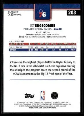 2025-26 Topps #203 VJ Edgecombe RC Philadelphia 76ers - Basketball Card Single