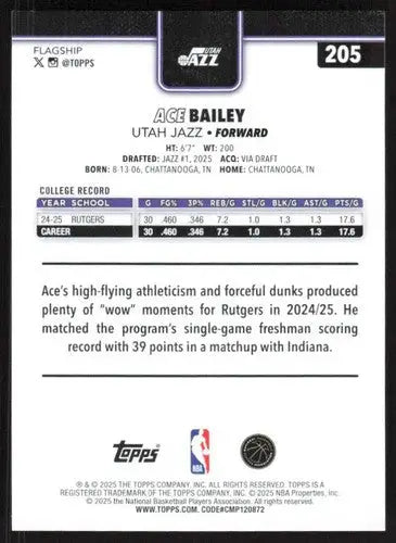 2025-26 Topps #205 Ace Bailey NM-MT RC Rookie Jazz ID:80831 - Basketball Card Single