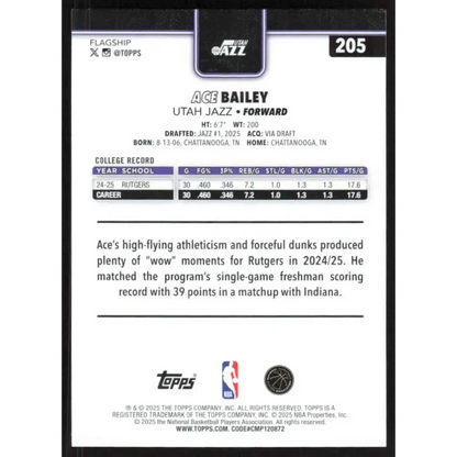 2025-26 Topps #205 Ace Bailey NM-MT RC Rookie Utah Jazz Basketball Card