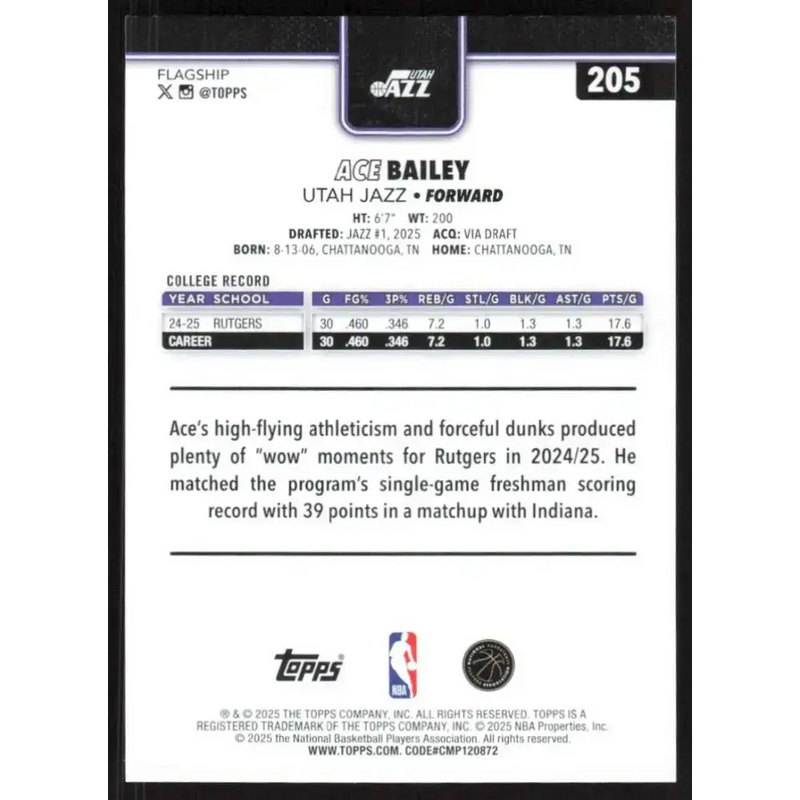 2025-26 Topps #205 Ace Bailey NM-MT RC Rookie Utah Jazz Basketball Card - Basketball Card Single