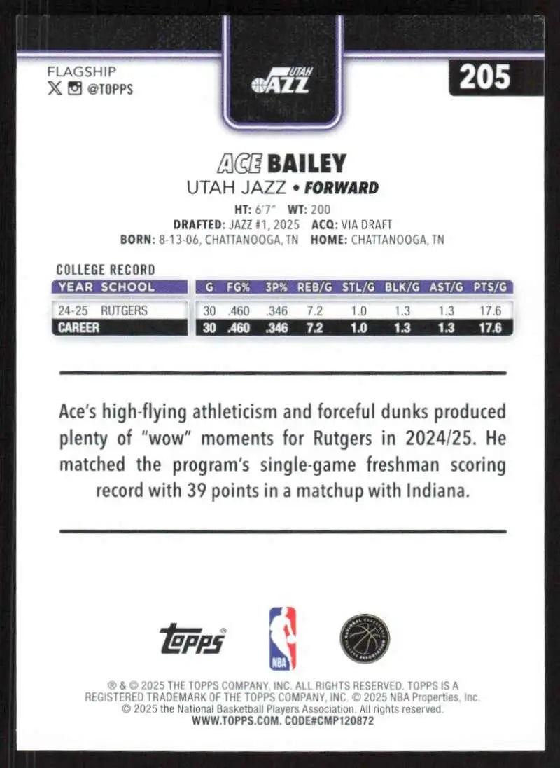 2025-26 Topps #205 Ace Bailey NM-MT RC Rookie Utah Jazz Basketball Card - Basketball Card Single