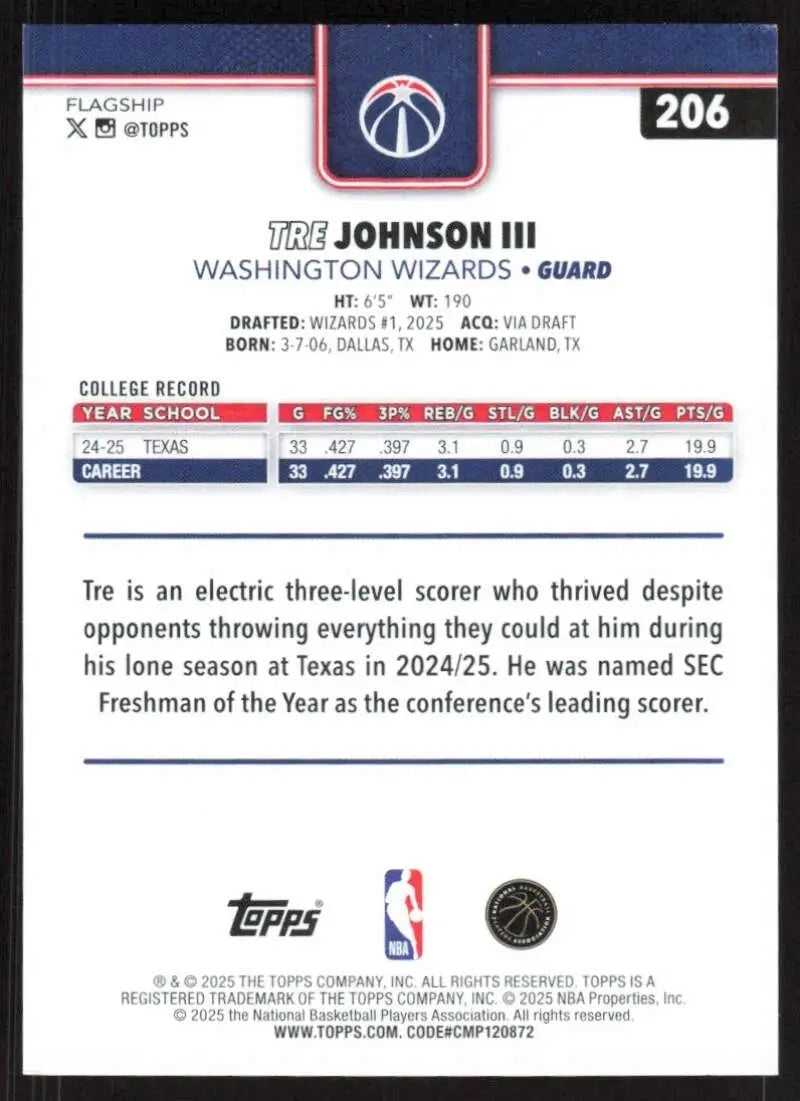 2025-26 Topps #206 Tre Johnson III NM-MT RC Rookie Washington Wizards Basketball Card - Basketball Card Single
