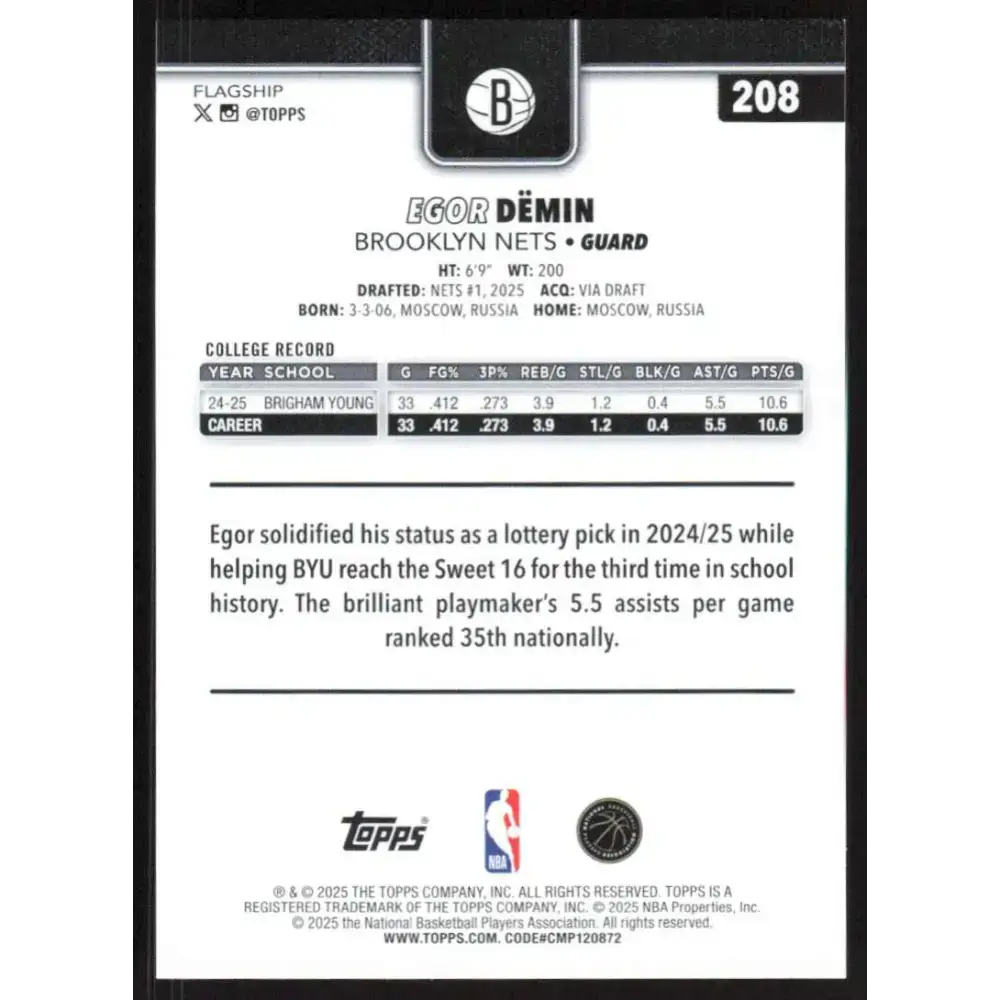 2025-26 Topps #208 Egor Demin NM-MT RC Rookie Brooklyn Nets Basketball Card - Basketball Card Single