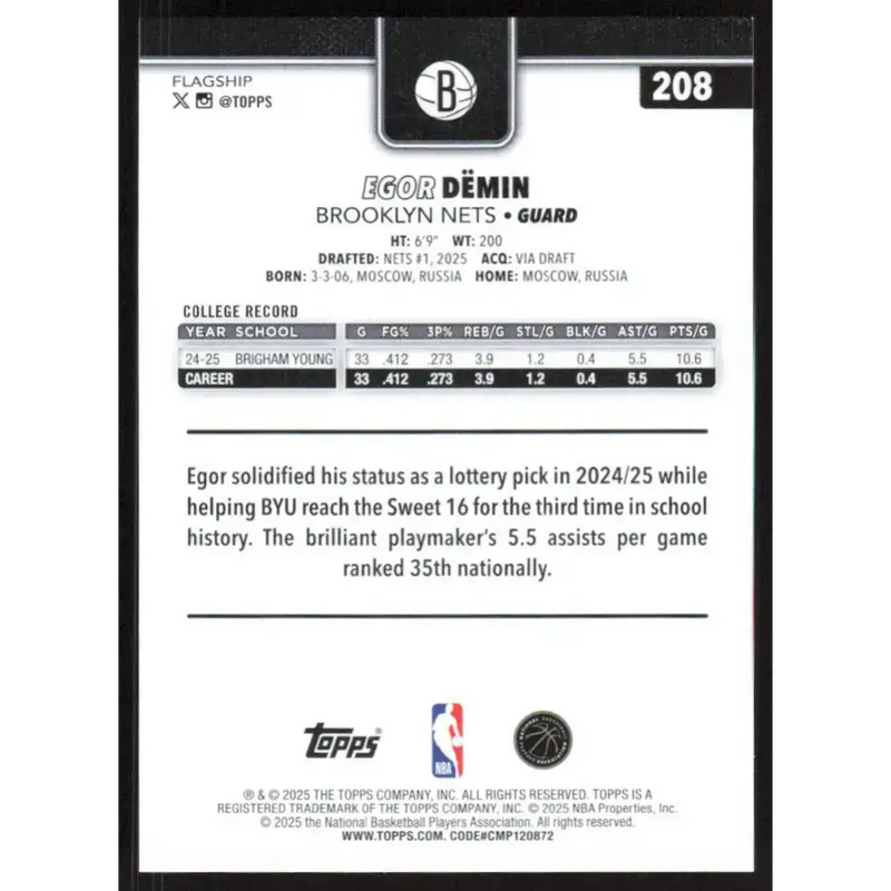 2025-26 Topps #208 Egor Demin NM-MT RC Rookie Brooklyn Nets Basketball Card - Basketball Card Single