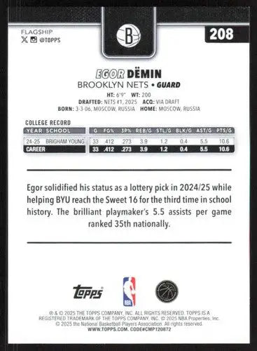 2025-26 Topps #208 Egor Demin NM-MT RC Rookie Nets ID:80832 - Basketball Card Single
