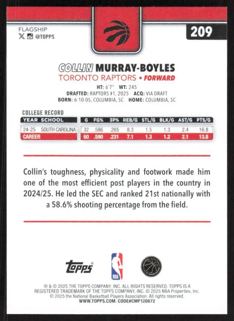 2025-26 Topps #209 Collin Murray-Boyles NM-MT RC Rookie Toronto Raptors Basketball Card - Basketball Card Single
