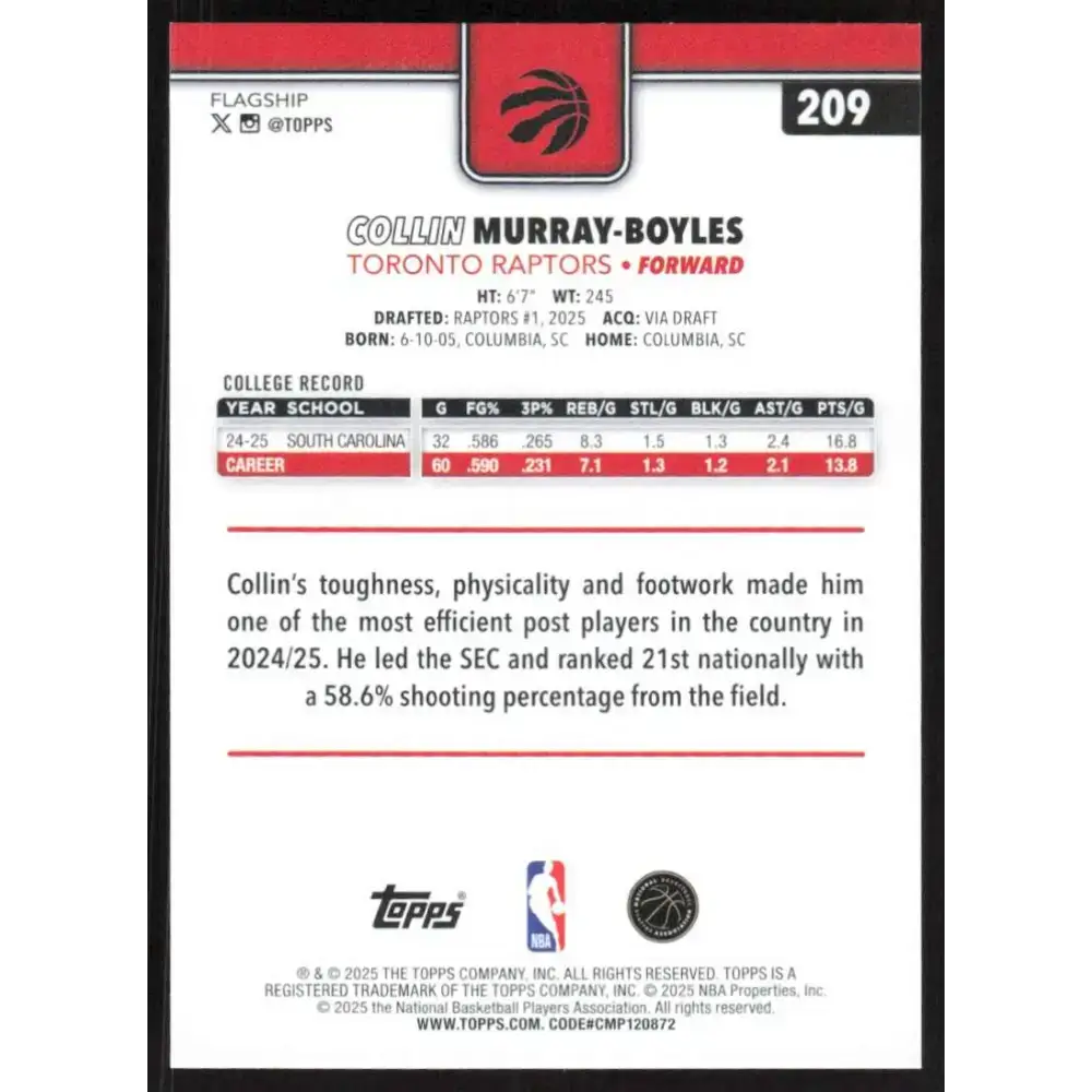 2025-26 Topps #209 Collin Murray-Boyles NM-MT RC Rookie Toronto Raptors Basketball Card - Basketball Card Single