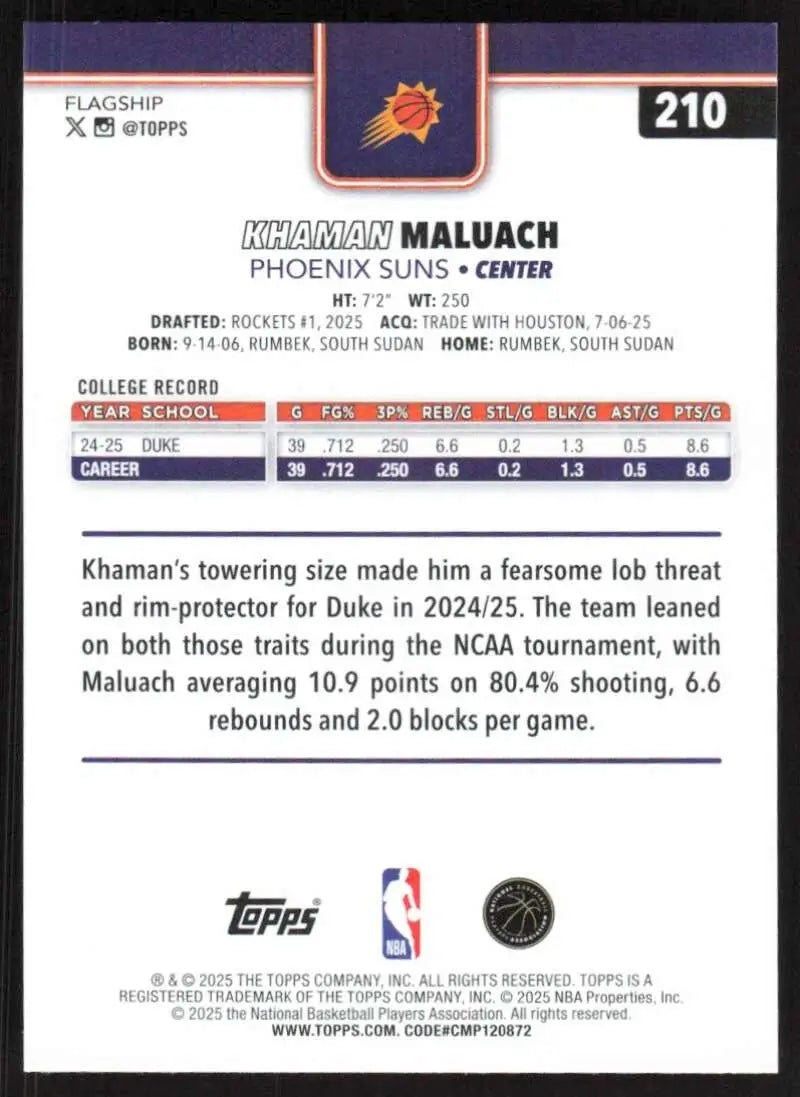 2025-26 Topps #210 Khaman Maluach NM-MT RC Rookie Phoenix Suns Basketball Card - Basketball Card Single