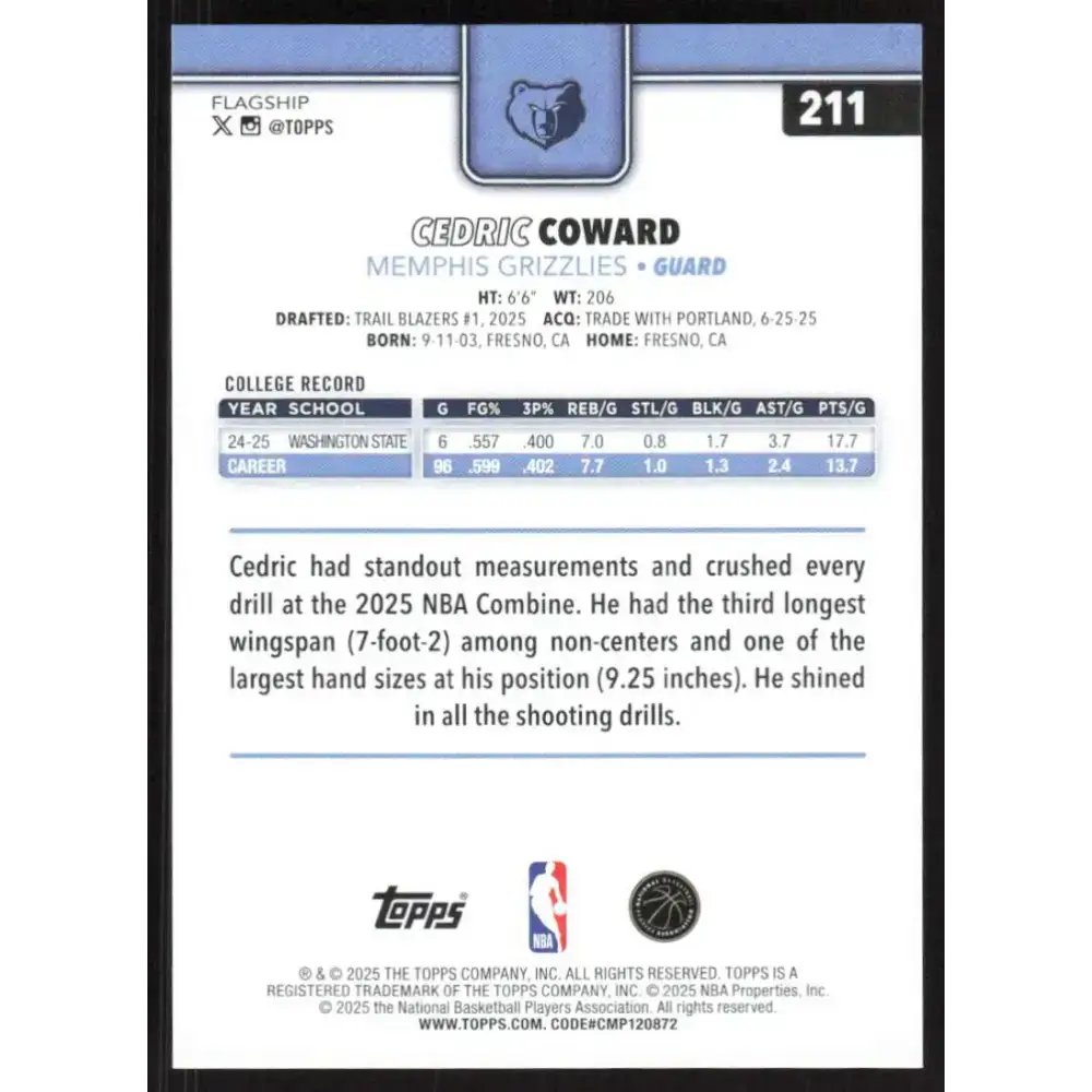 2025-26 Topps #211 Cedric Coward NM-MT RC Rookie Memphis Grizzlies Basketball Card - Basketball Card Single