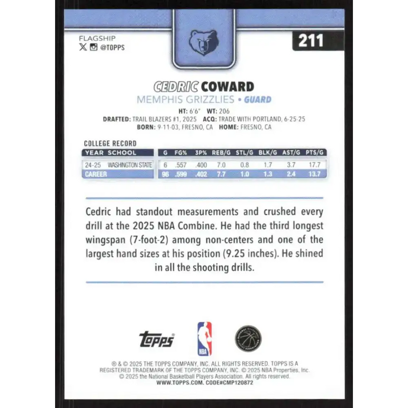 2025-26 Topps #211 Cedric Coward NM-MT RC Rookie Memphis Grizzlies Basketball Card - Basketball Card Single