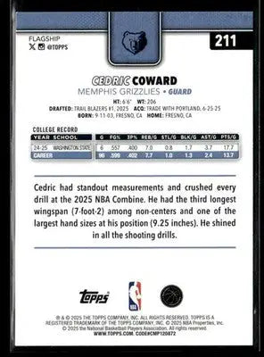 2025-26 Topps #211 Cedric Coward Sandglitter RC Memphis Grizzlies - Basketball Card Single