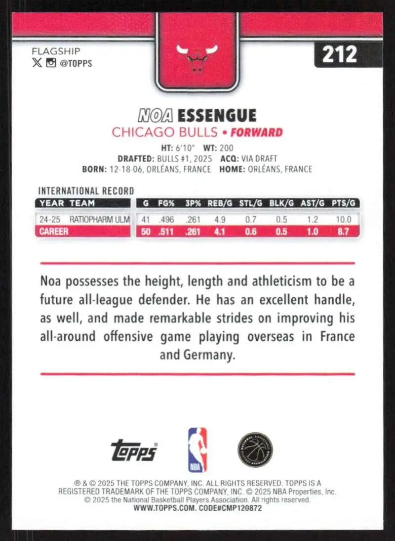 2025-26 Topps #212 Noa Essengue NM-MT RC Rookie Chicago Bulls Basketball Card - Basketball Card Single