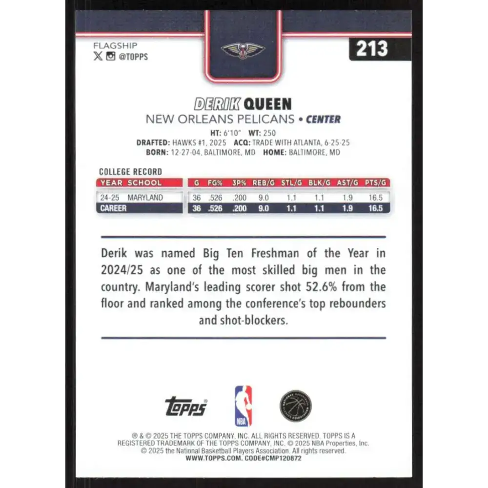 2025-26 Topps #213 Derik Queen NM-MT RC Rookie New Orleans Pelicans Basketball Card