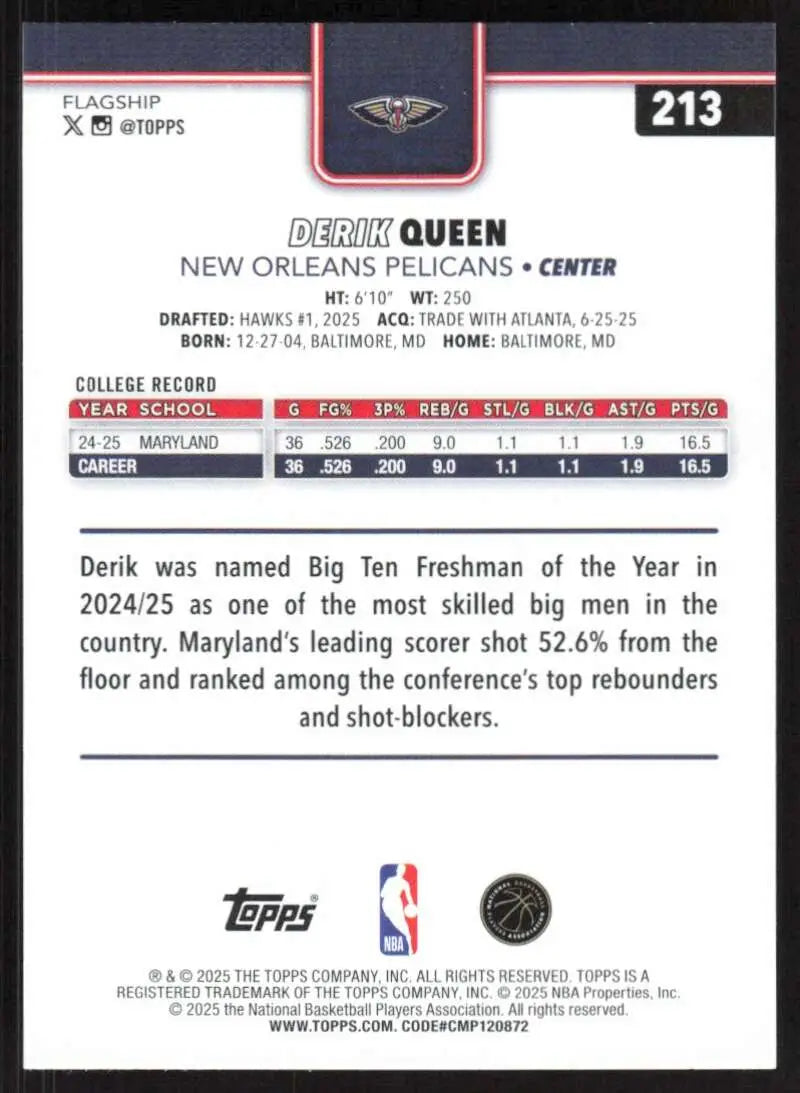 2025-26 Topps #213 Derik Queen NM-MT RC Rookie New Orleans Pelicans Basketball Card - Basketball Card Single