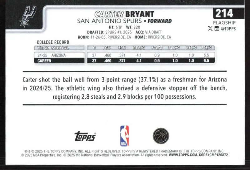 2025-26 Topps #214 Carter Bryant NM-MT RC Rookie San Antonio Spurs Basketball Card - Basketball Card Single