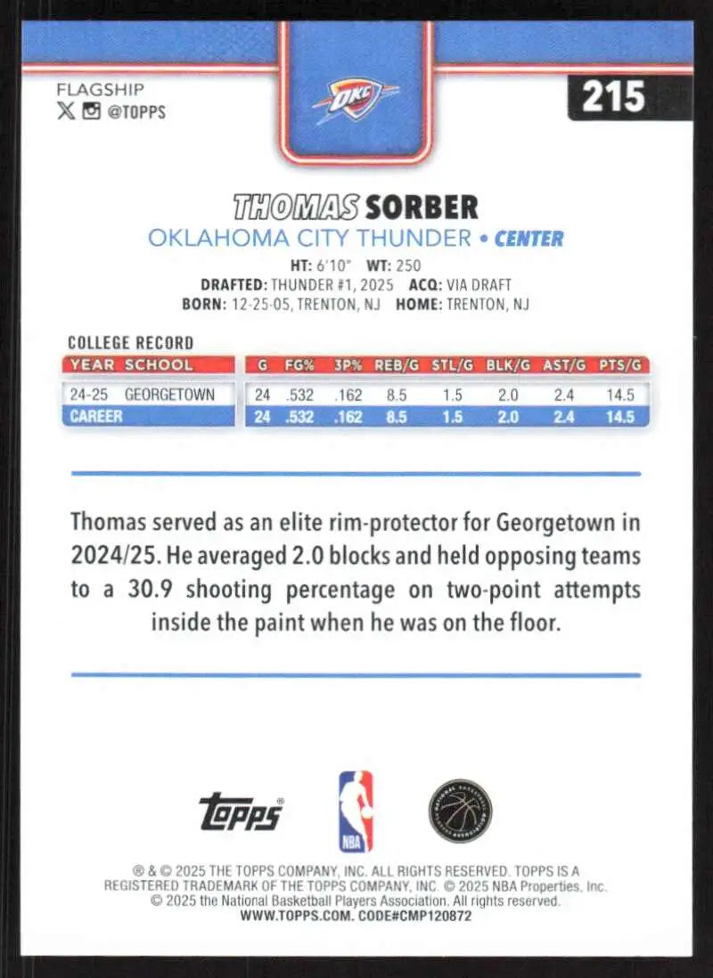 2025-26 Topps #215 Thomas Sorber NM-MT RC Rookie Oklahoma City Thunder Basketball Card - Basketball Card Single