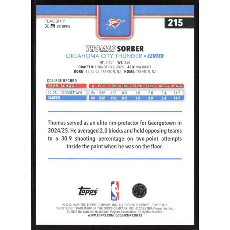 2025-26 Topps #215 Thomas Sorber NM-MT RC Rookie Oklahoma City Thunder Basketball Card - Basketball Card Single