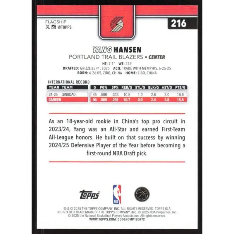 2025-26 Topps #216 Yang Hansen NM-MT RC Rookie Portland Trail Blazers Basketball Card - Basketball Card Single