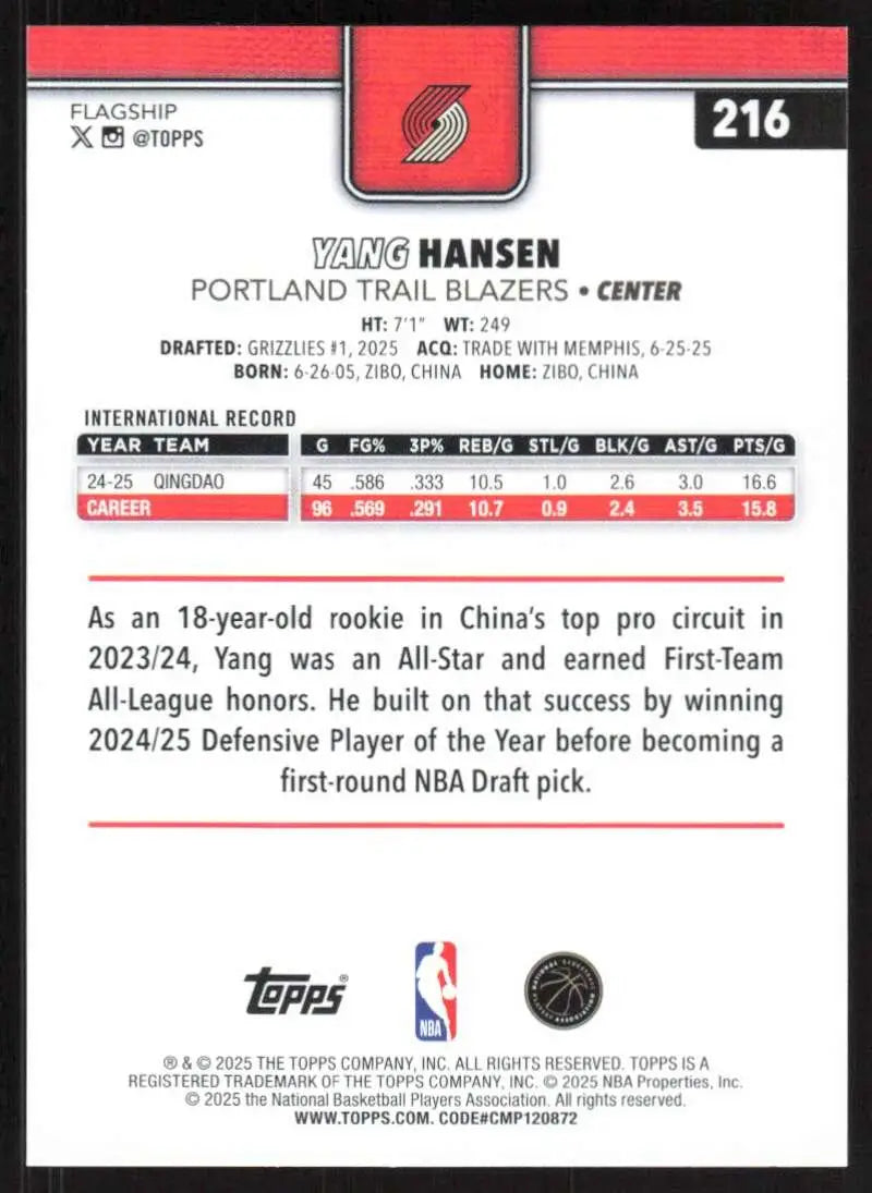 2025-26 Topps #216 Yang Hansen NM-MT RC Rookie Portland Trail Blazers Basketball Card - Basketball Card Single