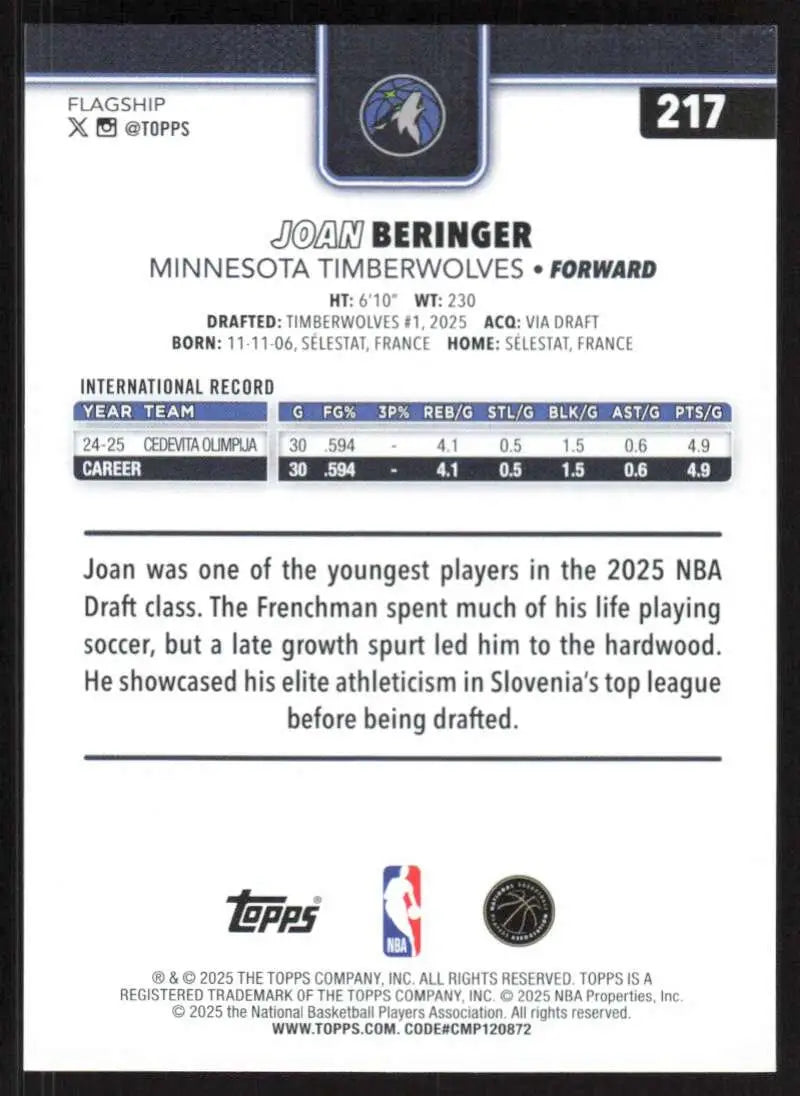 2025-26 Topps #217 Joan Beringer NM-MT RC Rookie Minnesota Timberwolves Basketball Card - Basketball Card Single