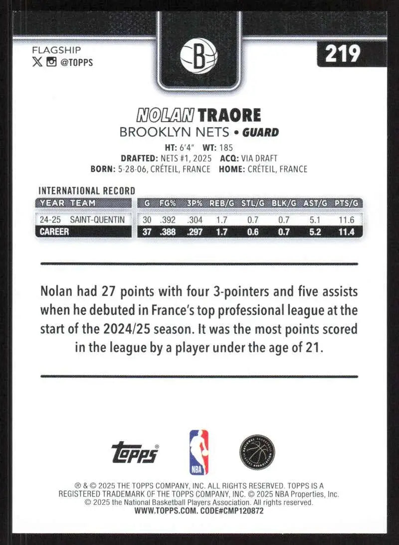 2025-26 Topps #219 Nolan Traore NM-MT RC Rookie Brooklyn Nets Basketball Card - Basketball Card Single