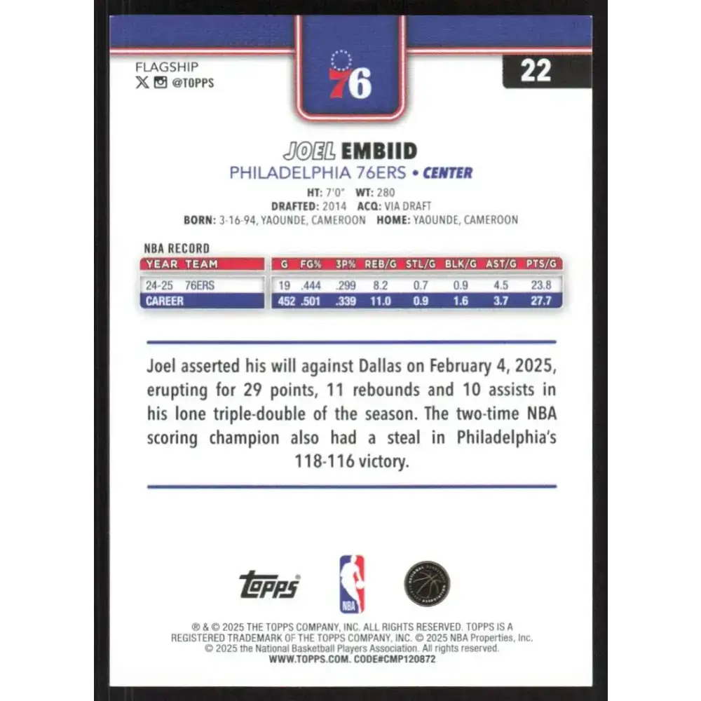 2025-26 Topps #22 Joel Embiid NM-MT Philadelphia 76ers Basketball Card