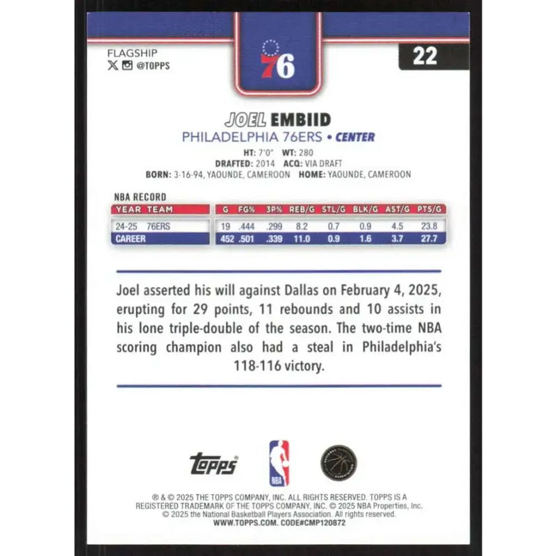 2025-26 Topps #22 Joel Embiid NM-MT Philadelphia 76ers Basketball Card