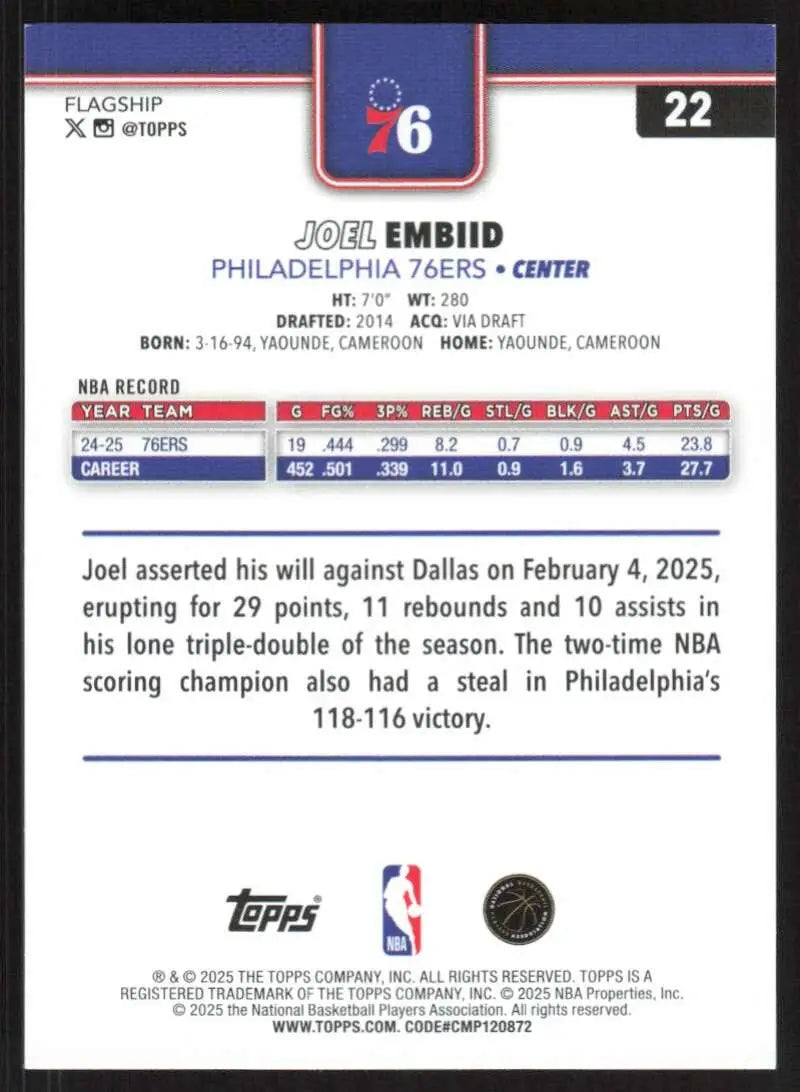 2025-26 Topps #22 Joel Embiid NM-MT Philadelphia 76ers Basketball Card - Basketball Card Single