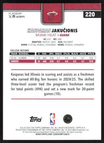 2025-26 Topps #220 Kasparas Jakucionis NM-MT RC Rookie Heat ID:80833 - Basketball Card Single