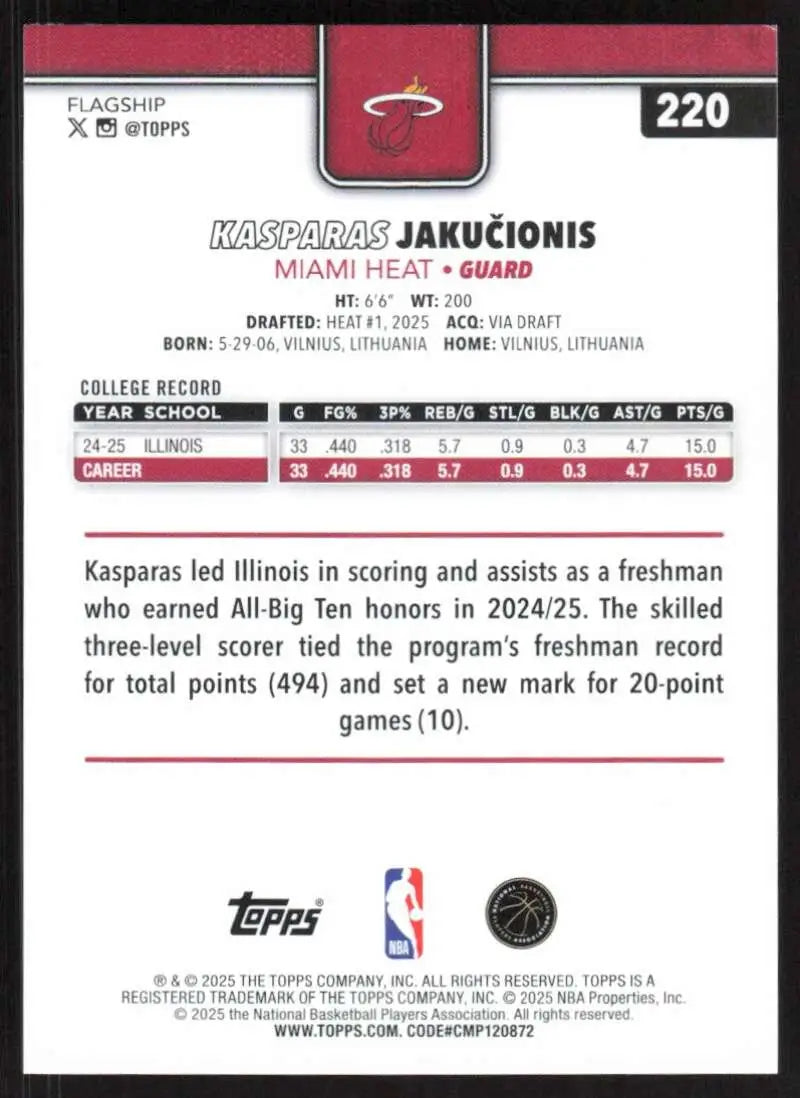 2025-26 Topps #220 Kasparas Jakucionis NM-MT RC Rookie Miami Heat Basketball Card