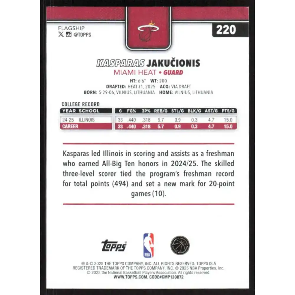 2025-26 Topps #220 Kasparas Jakucionis NM-MT RC Rookie Miami Heat Basketball Card - Basketball Card Single