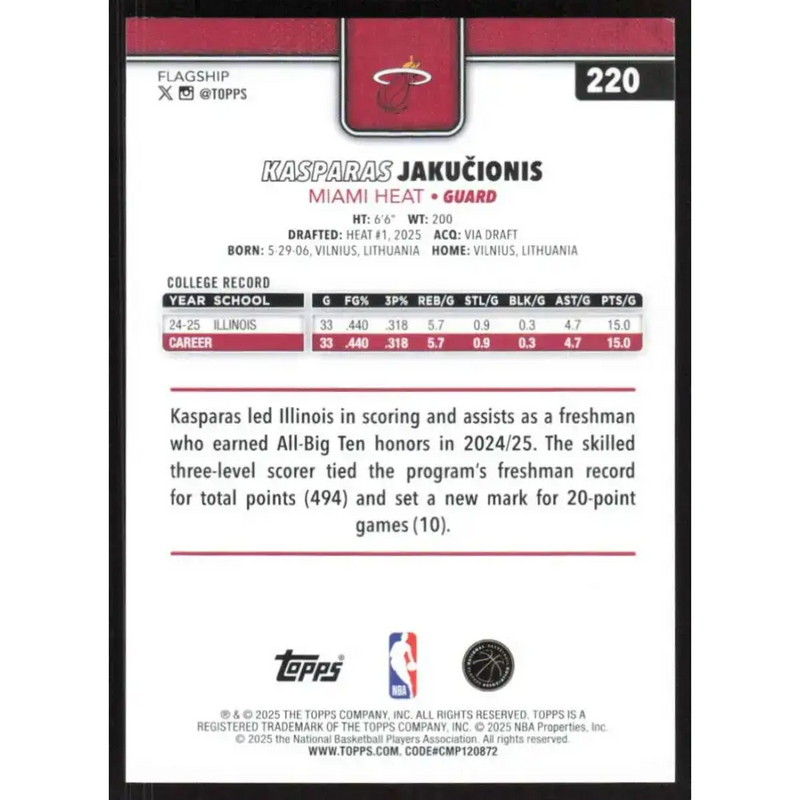2025-26 Topps #220 Kasparas Jakucionis NM-MT RC Rookie Miami Heat Basketball Card - Basketball Card Single