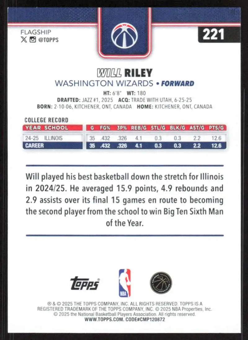 2025-26 Topps #221 Will Riley NM-MT RC Rookie Washington Wizards Basketball Card - Basketball Card Single