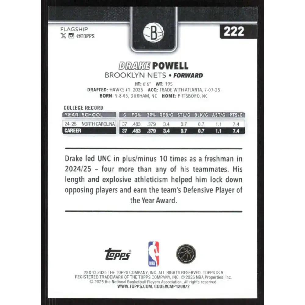 2025-26 Topps #222 Drake Powell NM-MT RC Rookie Brooklyn Nets Basketball Card - Basketball Card Single