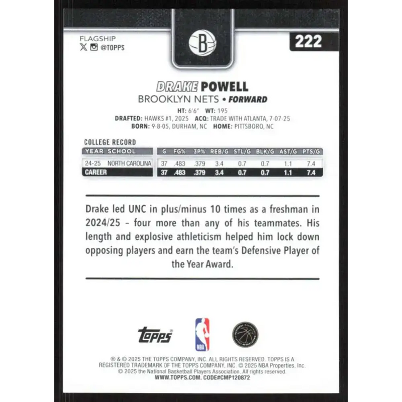 2025-26 Topps #222 Drake Powell NM-MT RC Rookie Brooklyn Nets Basketball Card - Basketball Card Single