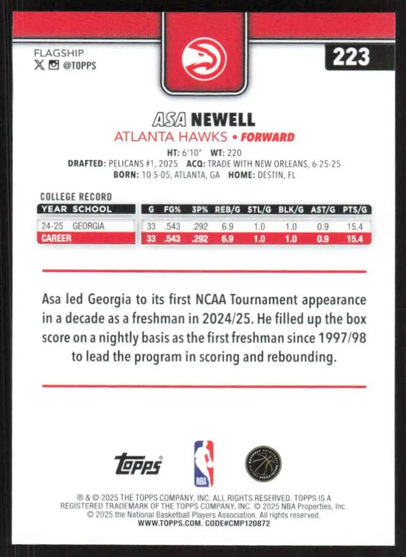 2025-26 Topps #223 Asa Newell NM-MT RC Rookie Atlanta Hawks Basketball Card - Basketball Card Single
