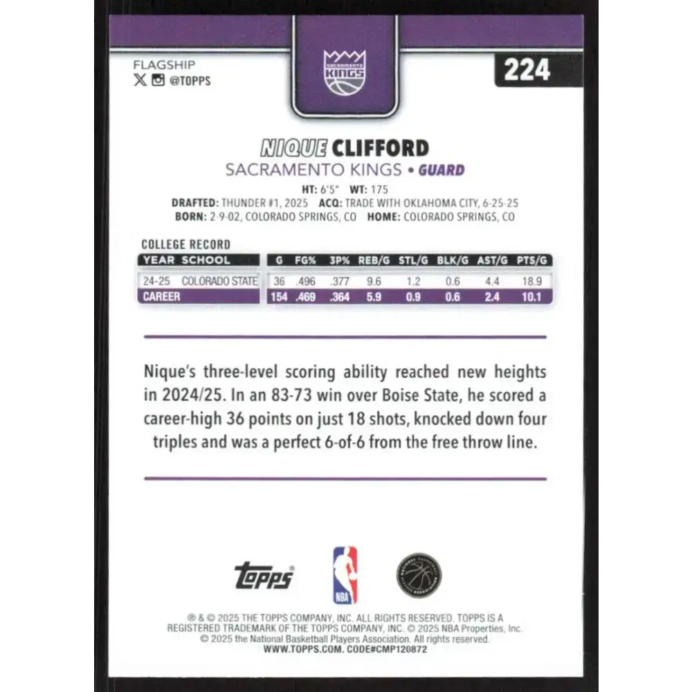 2025-26 Topps #224 Nique Clifford NM-MT RC Rookie Sacramento Kings Basketball Card - Basketball Card Single