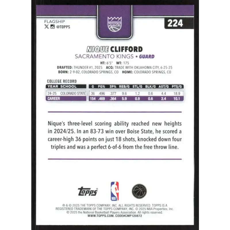 2025-26 Topps #224 Nique Clifford NM-MT RC Rookie Sacramento Kings Basketball Card - Basketball Card Single