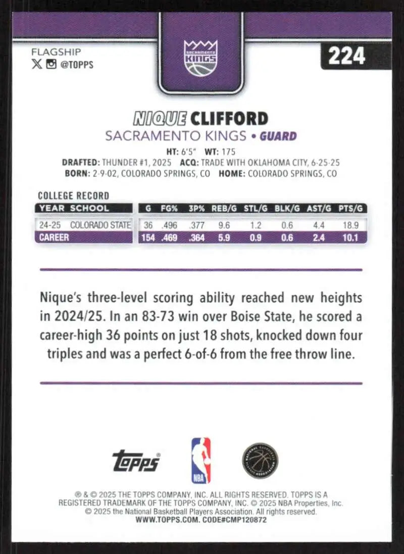2025-26 Topps #224 Nique Clifford NM-MT RC Rookie Sacramento Kings Basketball Card - Basketball Card Single