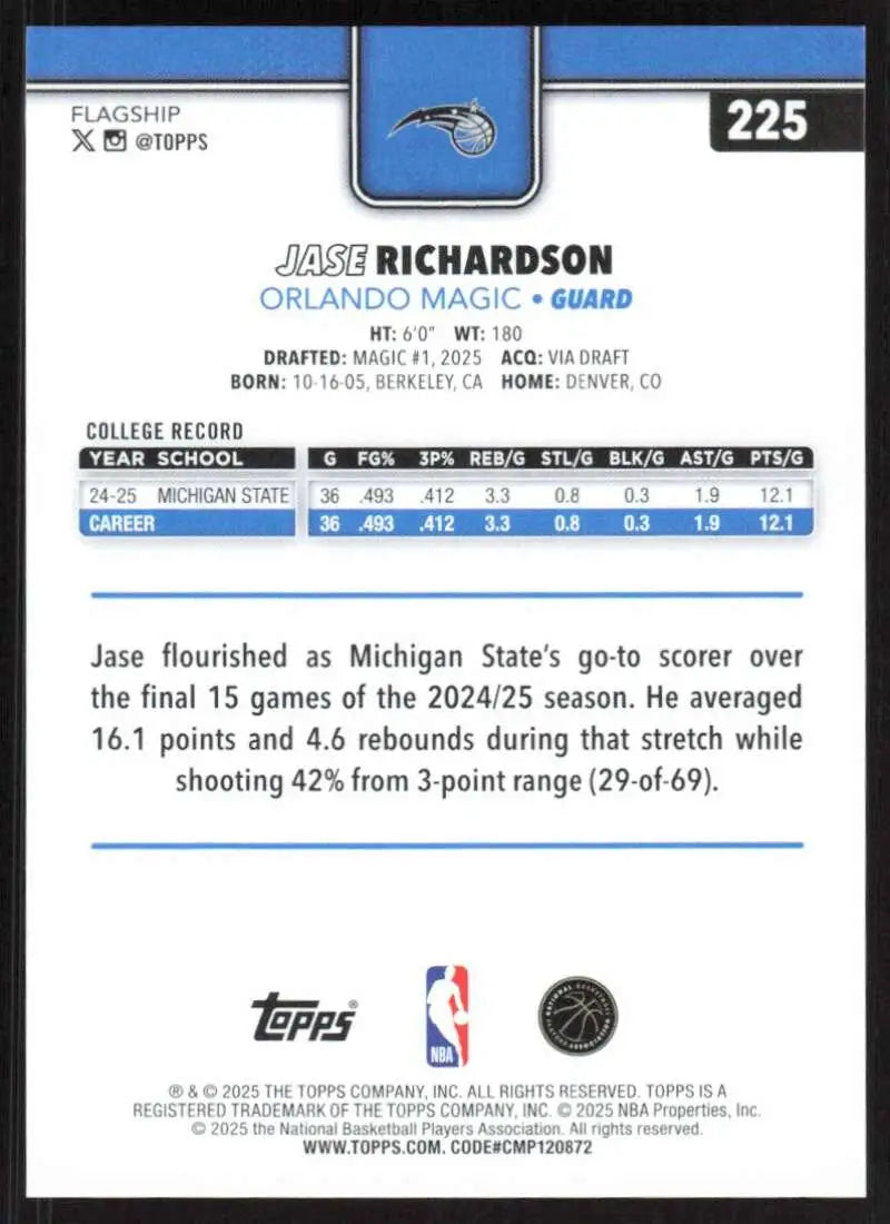 2025-26 Topps #225 Jase Richardson NM-MT RC Rookie Orlando Magic Basketball Card - Basketball Card Single