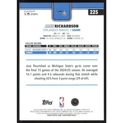 2025-26 Topps #225 Jase Richardson NM-MT RC Rookie Orlando Magic Basketball Card - Trading Cards