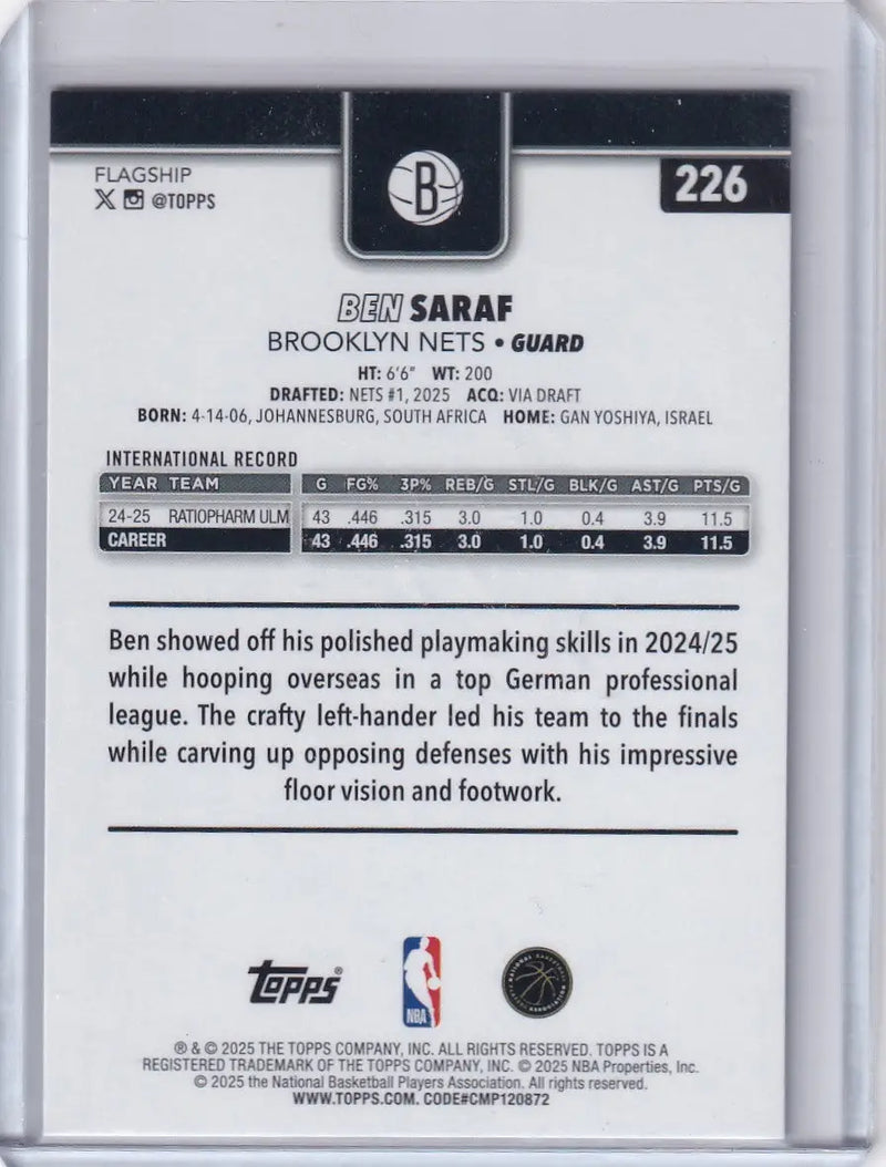 2025-26 TOPPS #226 BEN SARAF PURPLE 7/250- BROOKLYN NETS - Basketball Card Single